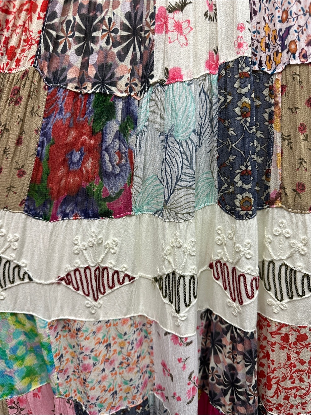 K159 Young Threads Sz S Smocked Bodice Patchwork Maxi Dress Pockets Lined NWT - Picture 15 of 16